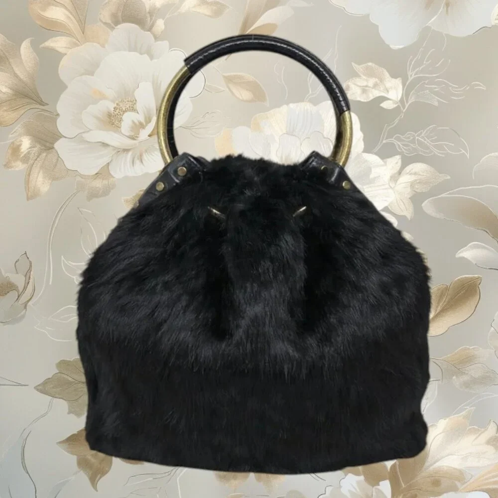 Vintage Adrienne Vittadini Black Black Double Handle Rabbit Fur Handbag Purse